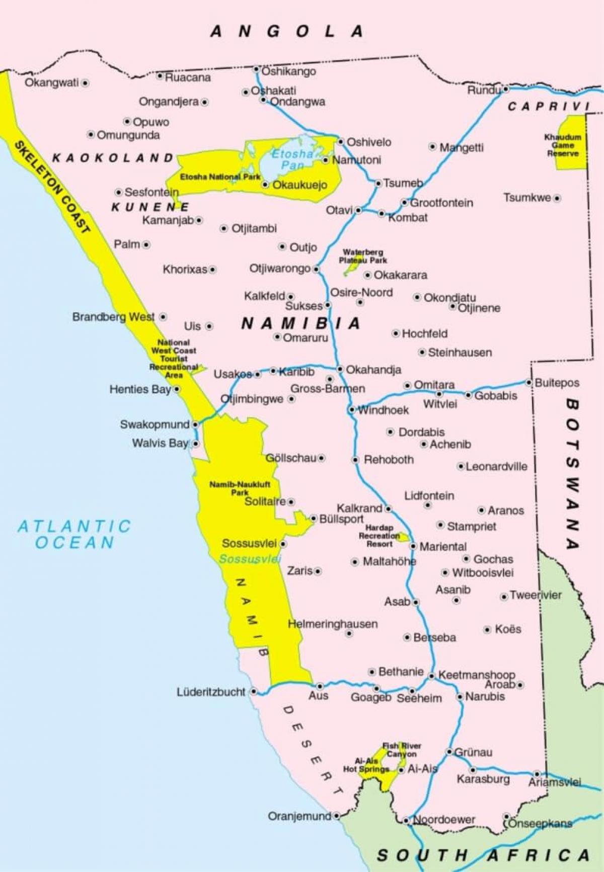 Karta Namibiji pokazujući gradova