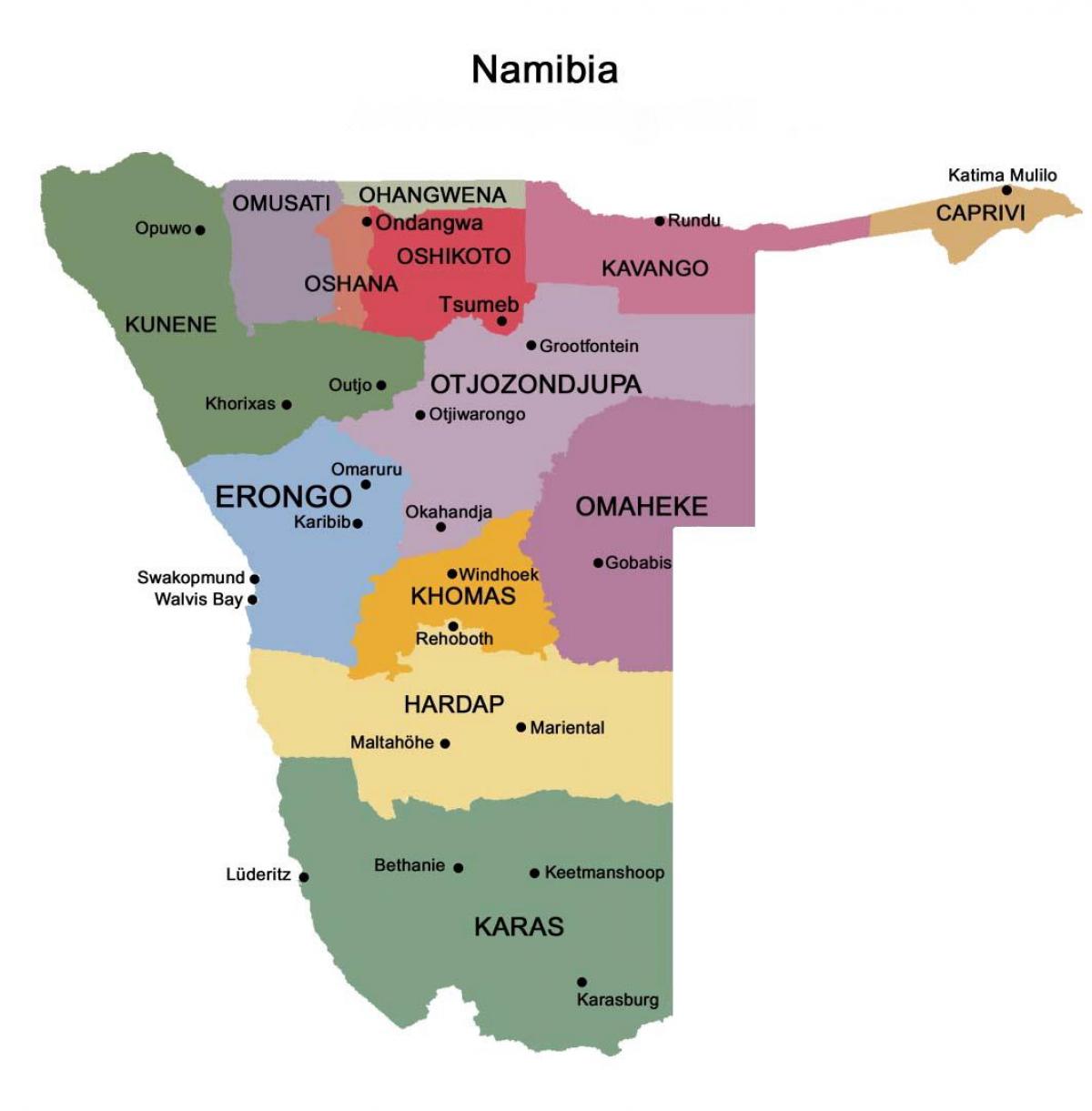 Karta Namibiji s regijama
